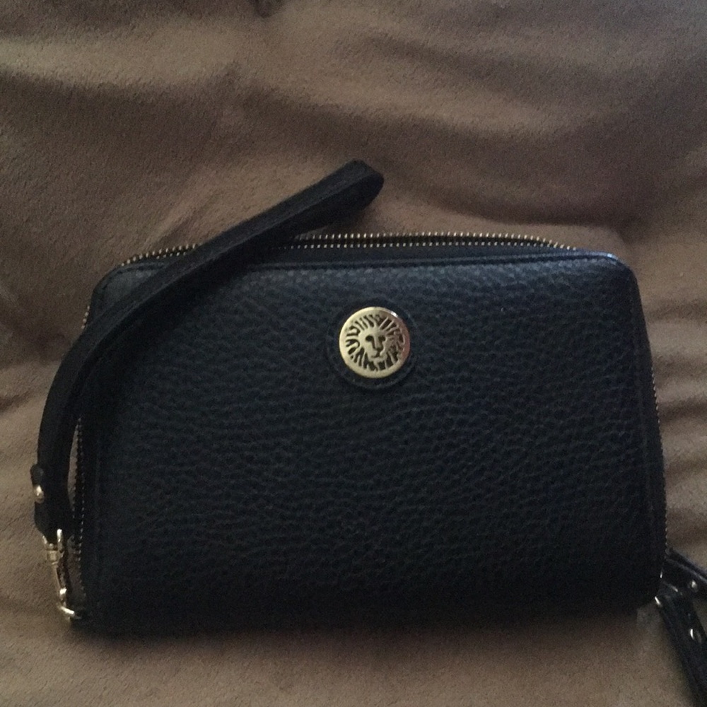 Black Leather Wristlet Wallet with Gold Accent